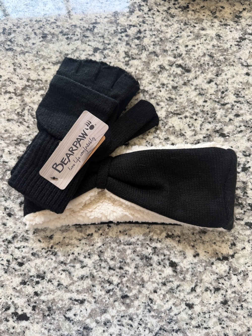 BearPaw Black Knit Convertible Gloves and Cream-Lined Headband Set
